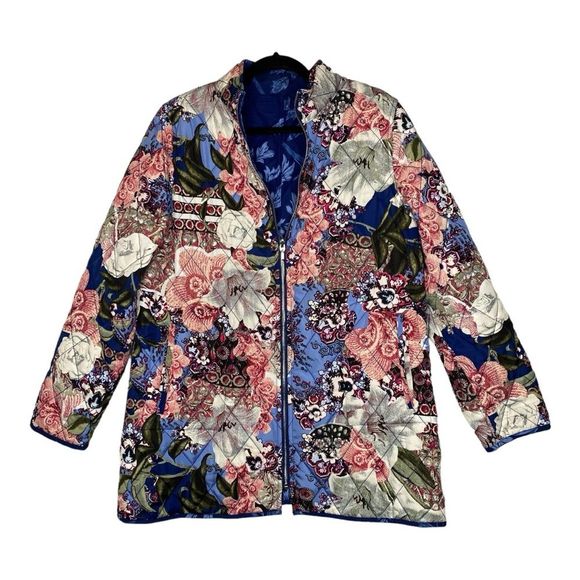 Chico's Reversible Blue Floral-Multi-Colored Floral Quilted Jacket - Size Large - Picture 5 of 10
